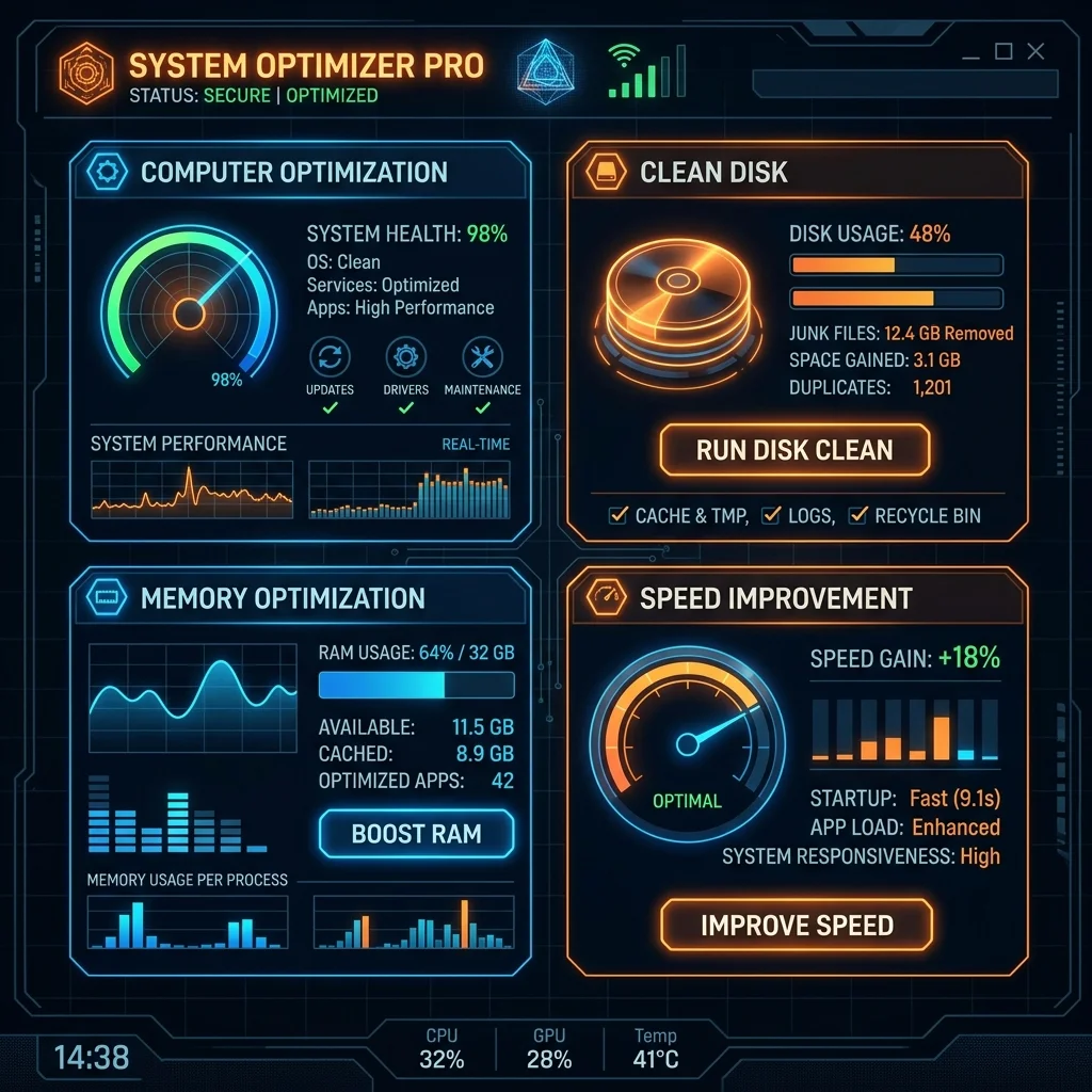 Escritorio de trabajo optimizado y computadora funcionando a máxima velocidad